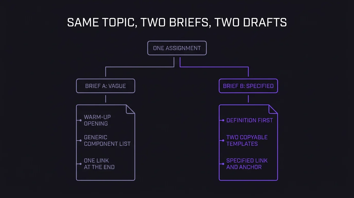 Diagram of one assignment splitting into brief A vague and brief B specified, the first producing a warm-up opening, a generic component list and one link at the end, the second producing a definition first, two copyable templates and a specified link and anchor