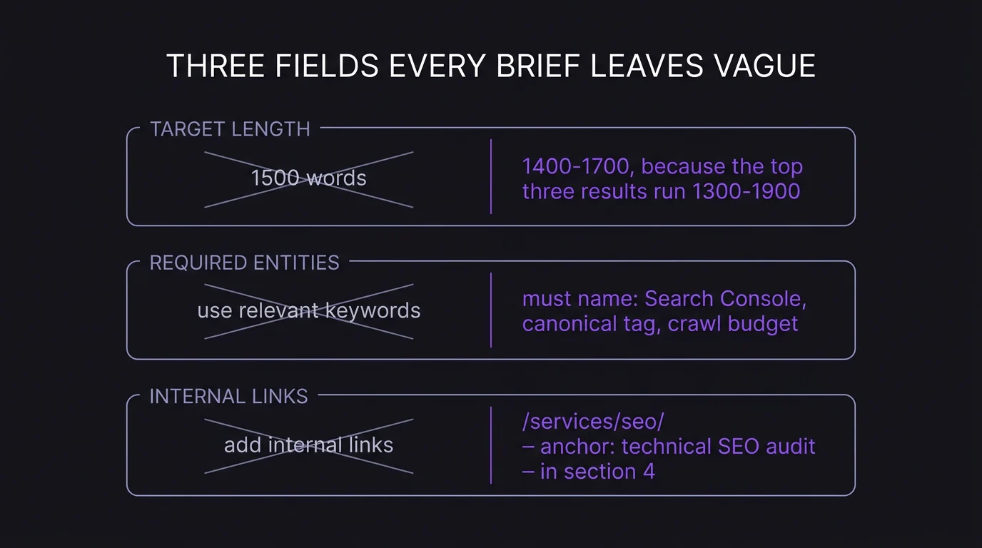 Diagram of three brief fields with the vague version crossed out beside the specified one: 1500 words replaced by a range with its reason, use relevant keywords replaced by a list of entities to name, add internal links replaced by a URL with anchor text and a section