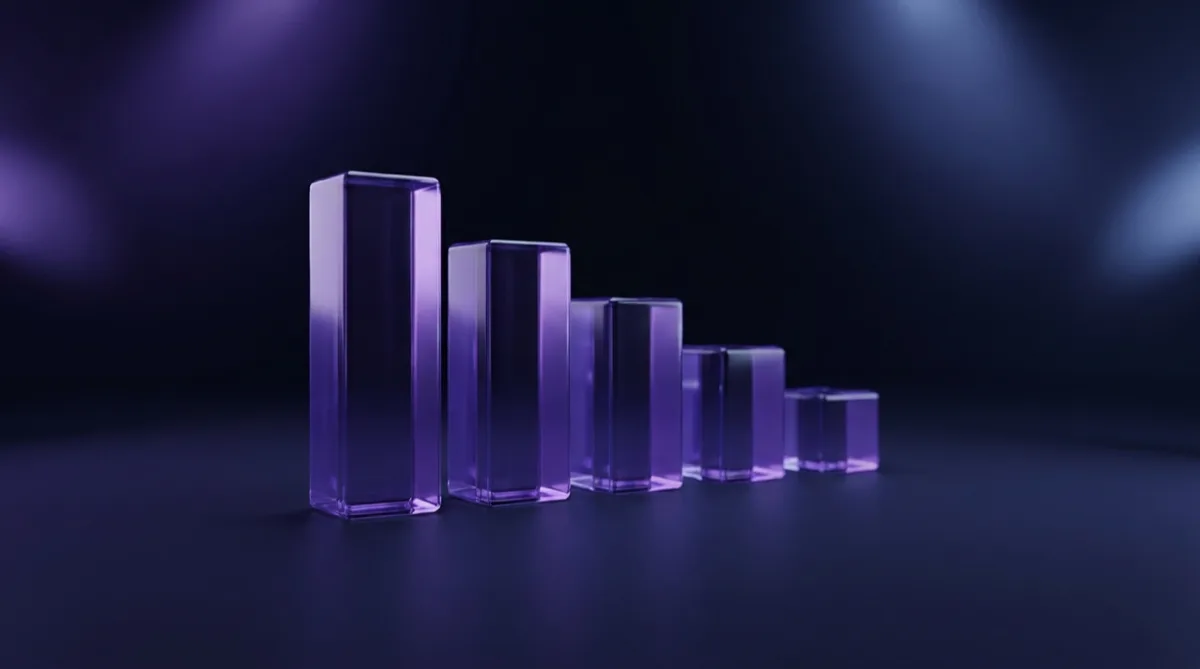 Five violet glass blocks standing on a dark surface, each one shorter than the block before it, descending from left to right