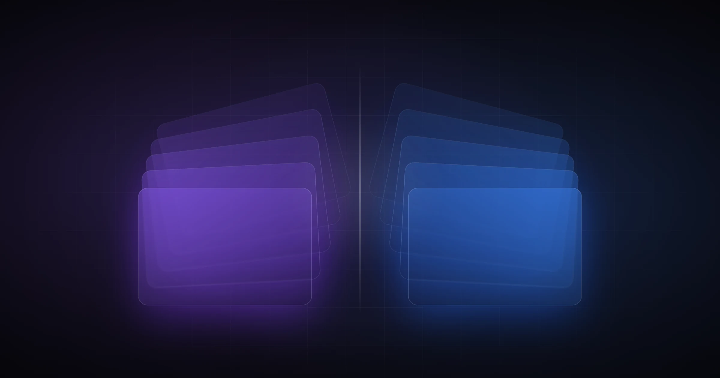 Abstract dark illustration of two stacks of translucent document sheets back to back, the left stack glowing violet and the right stack glowing blue, each fanning outward in the opposite direction