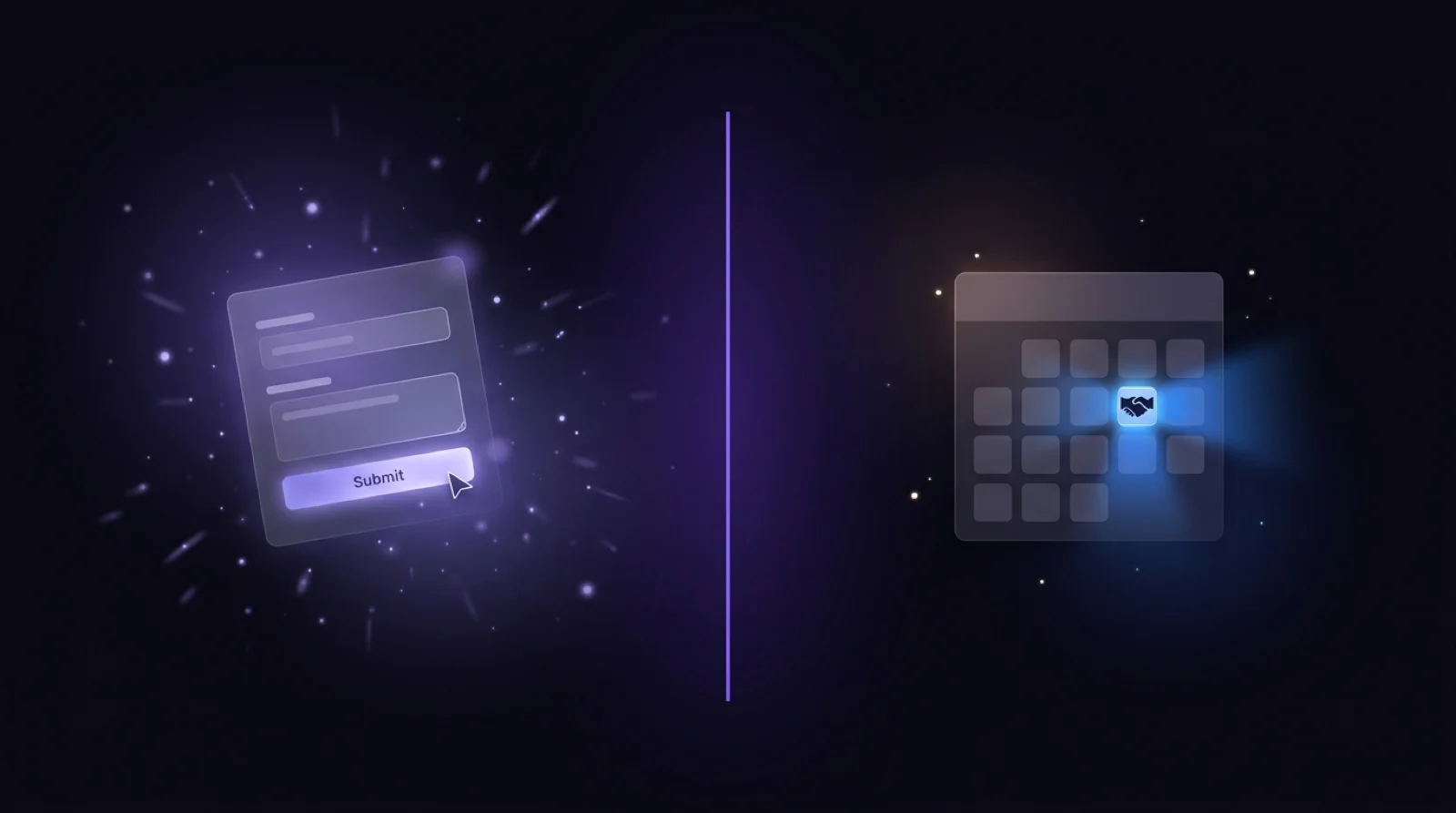 A glowing web form with a submit button scattered with particles on the left, and a calendar with one slot lit up around a handshake icon on the right, divided by a vertical violet line