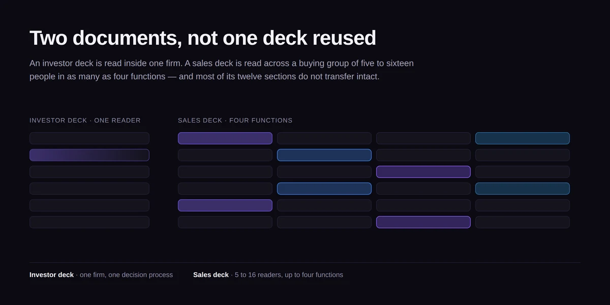 A single narrow column of slide frames labelled investor deck beside a wider four-column grid labelled sales deck, with violet and blue frames lit across the four columns