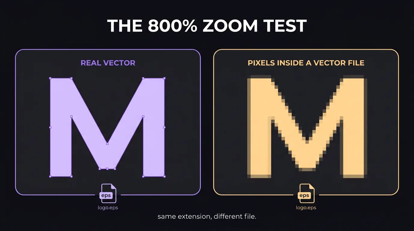 Diagram titled the 800 percent zoom test: two panels comparing a magnified letter M with smooth edges and visible anchor points against the same letter built from blurry square pixels, both files labelled logo.eps