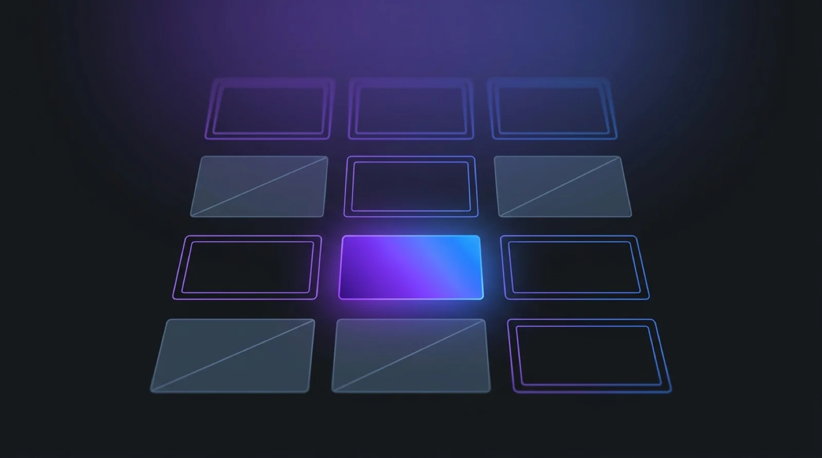 Twelve violet slide frames laid out in a grid, four of them dimmed and crossed through, one lit brighter than the rest